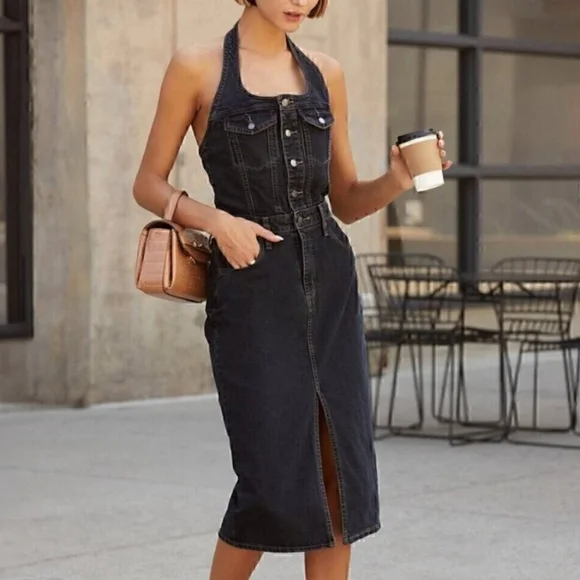 Denim Halter Midi Dress - Dark Wash - Women's Size 12 - New Streetwear Western - Picture 2 of 16